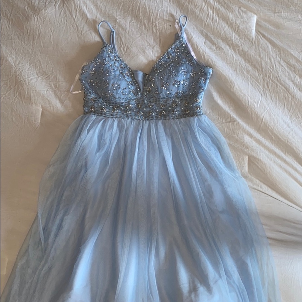 Long Bedazzled Baby Blue Prom Dress